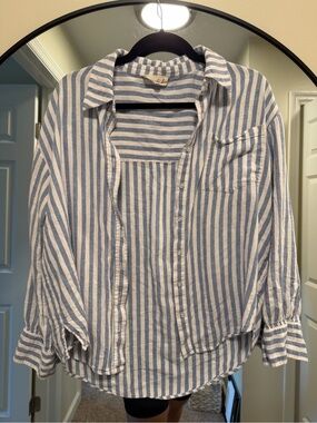 Marled Blue & White Striped Button Down Shirt Linen Blend Look